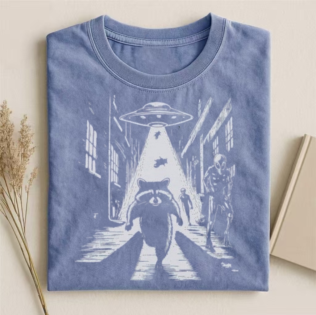 Raccoon UFO Alien Chase Graphic T-shirt