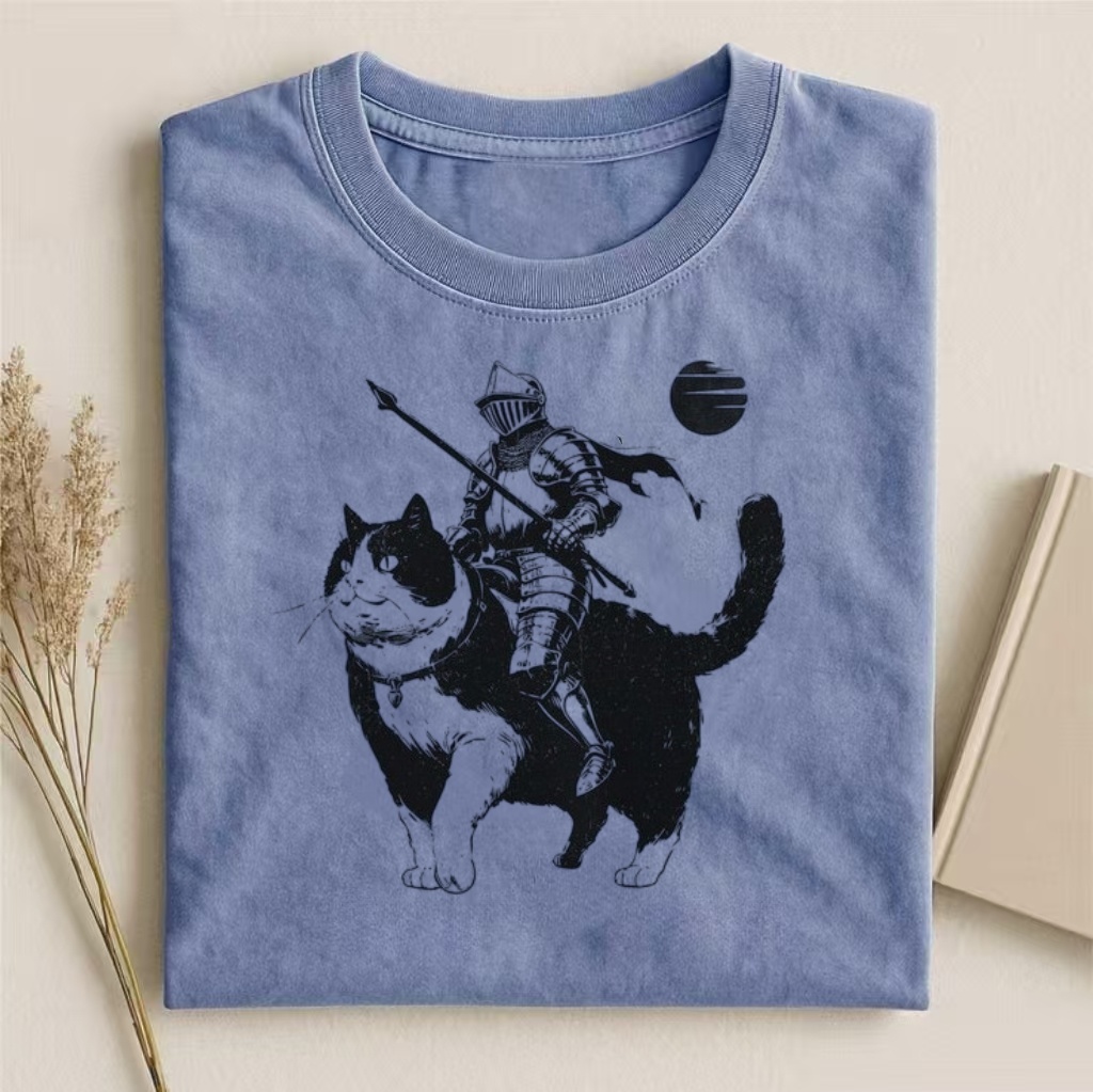 Knight Riding Cat Fantasy Art T-shirt