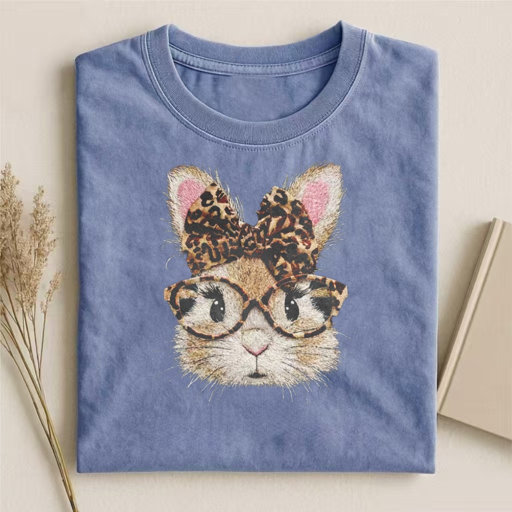 Leopard Print Bunny Embroidered T-shirt