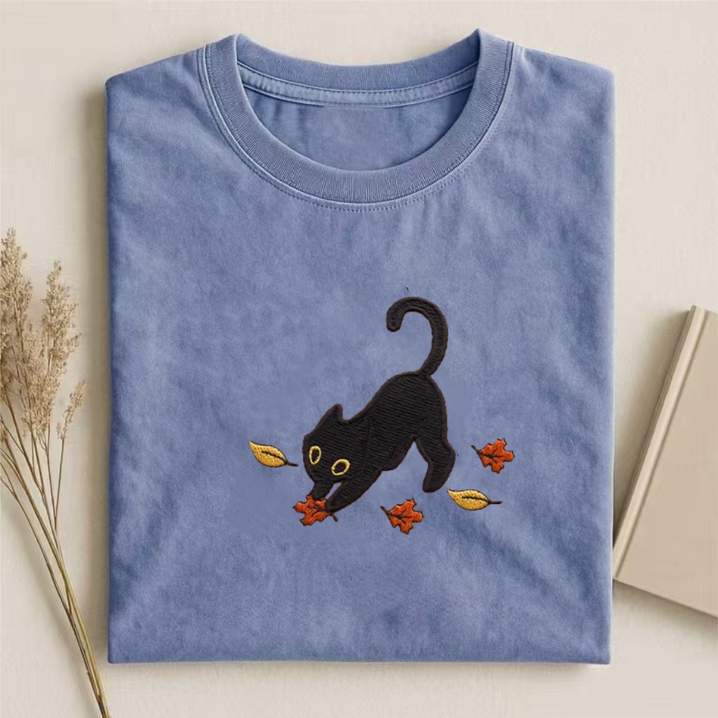 Cat Pouncing Leaves Embroidered T-shirt