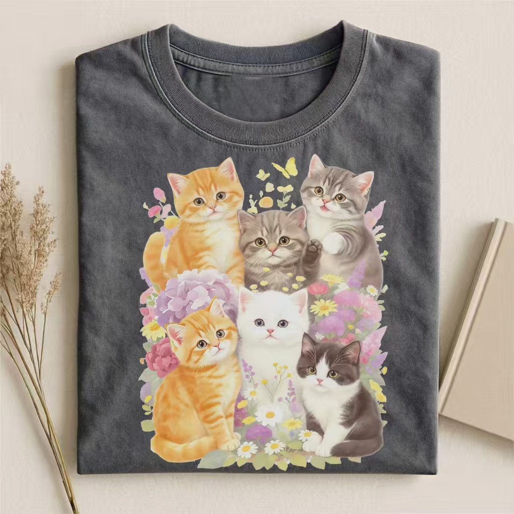 Floral Kitten Print Relaxed T-Shirt