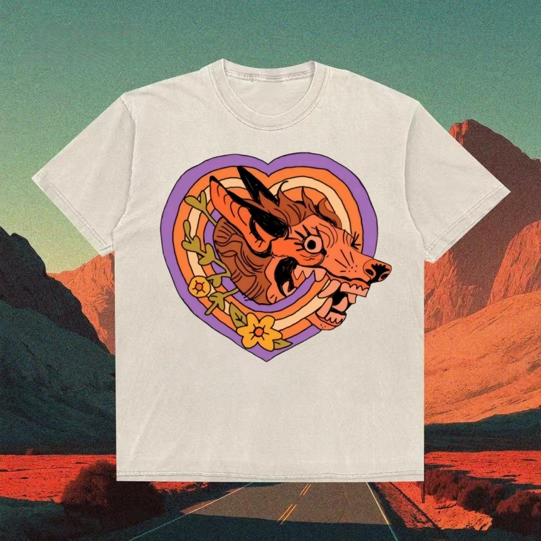 Retro Heart Wolf Folk Art T-shirt