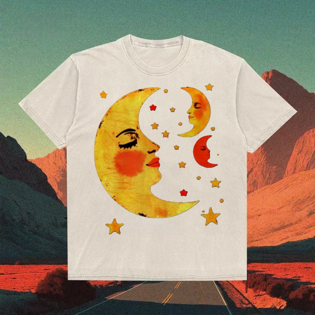 Retro Moon Faces & Stars Celestial T-shirt