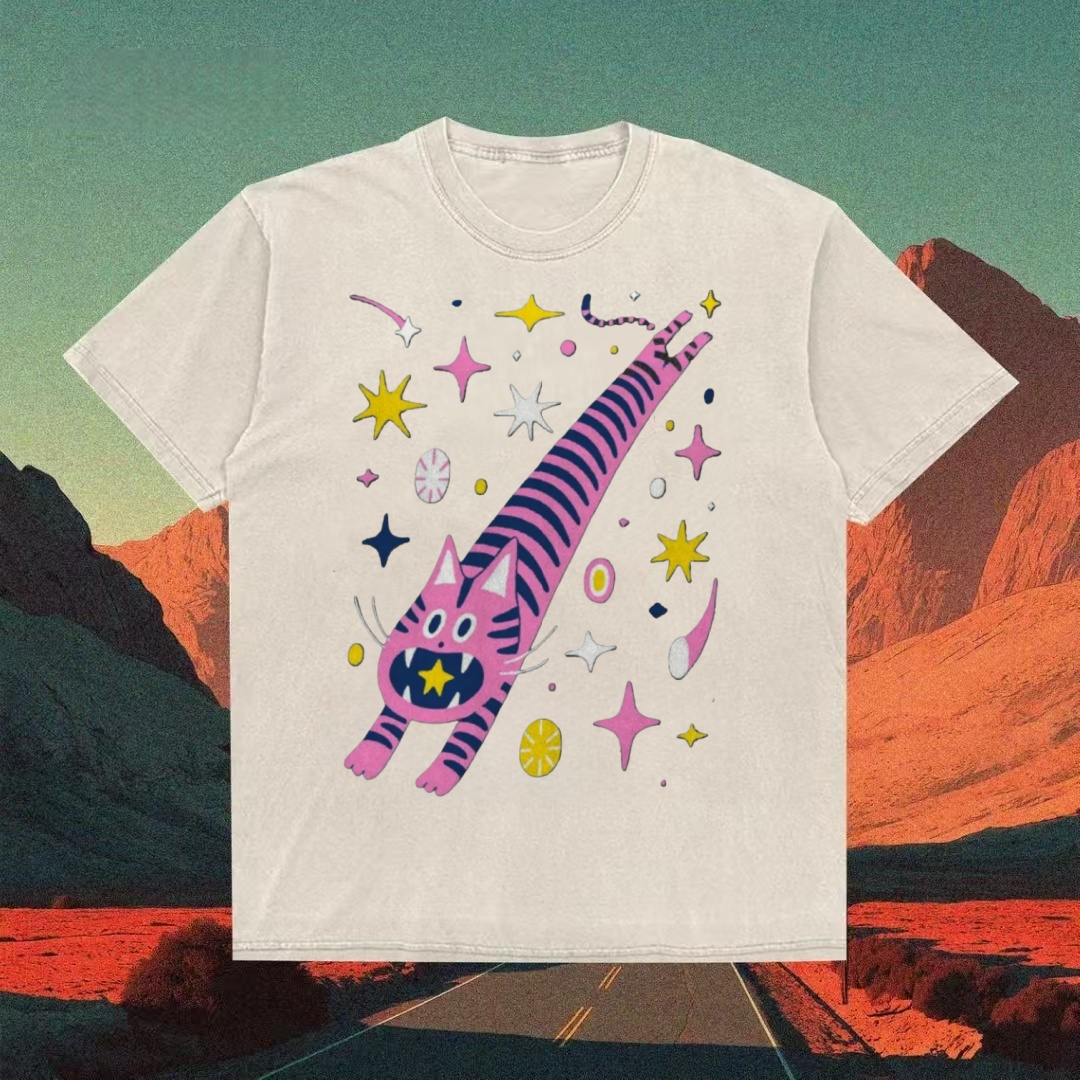 Cosmic Pink Striped Cat Retro Cartoon T-shirt