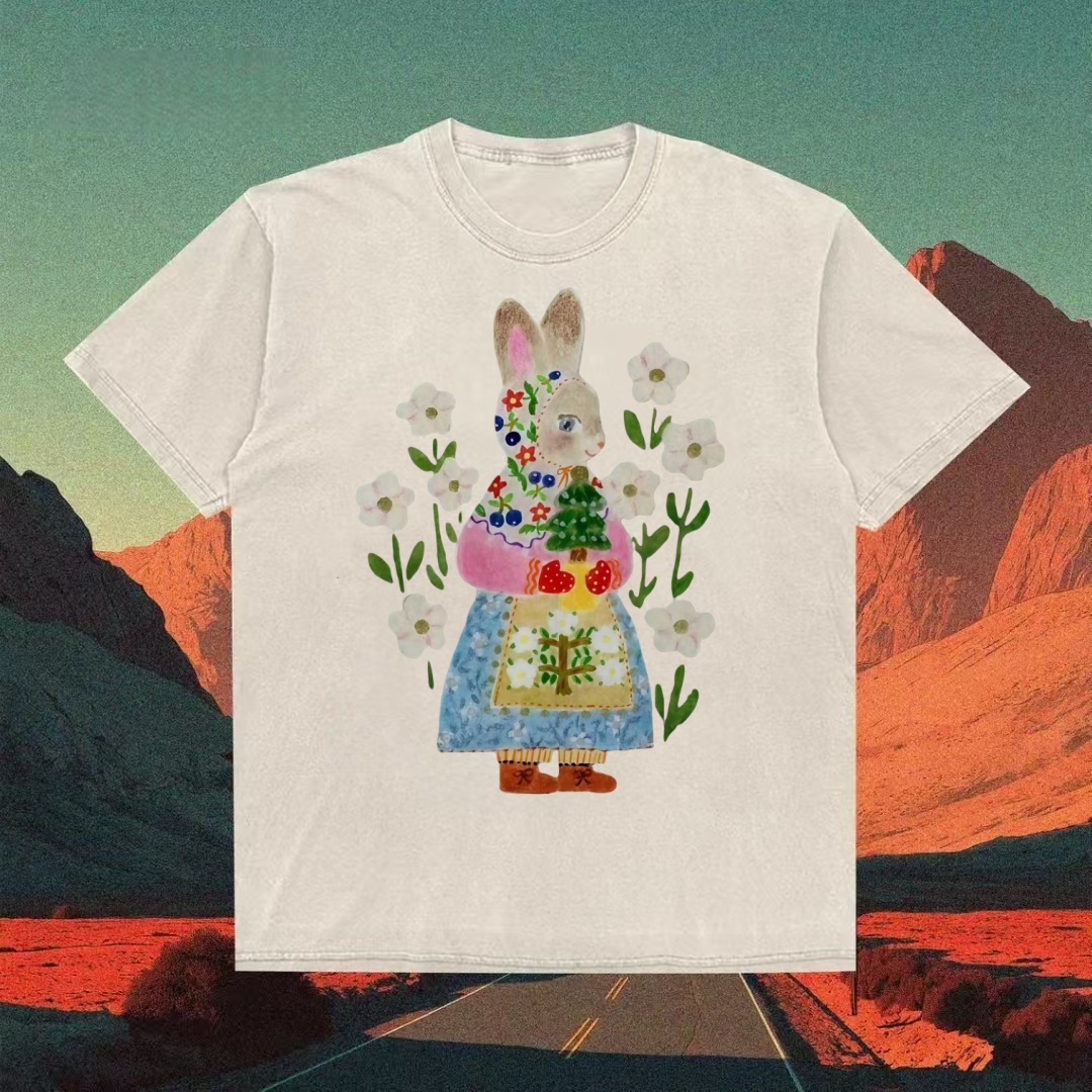 Floral Bunny Folk Art Whimsical T-shirt