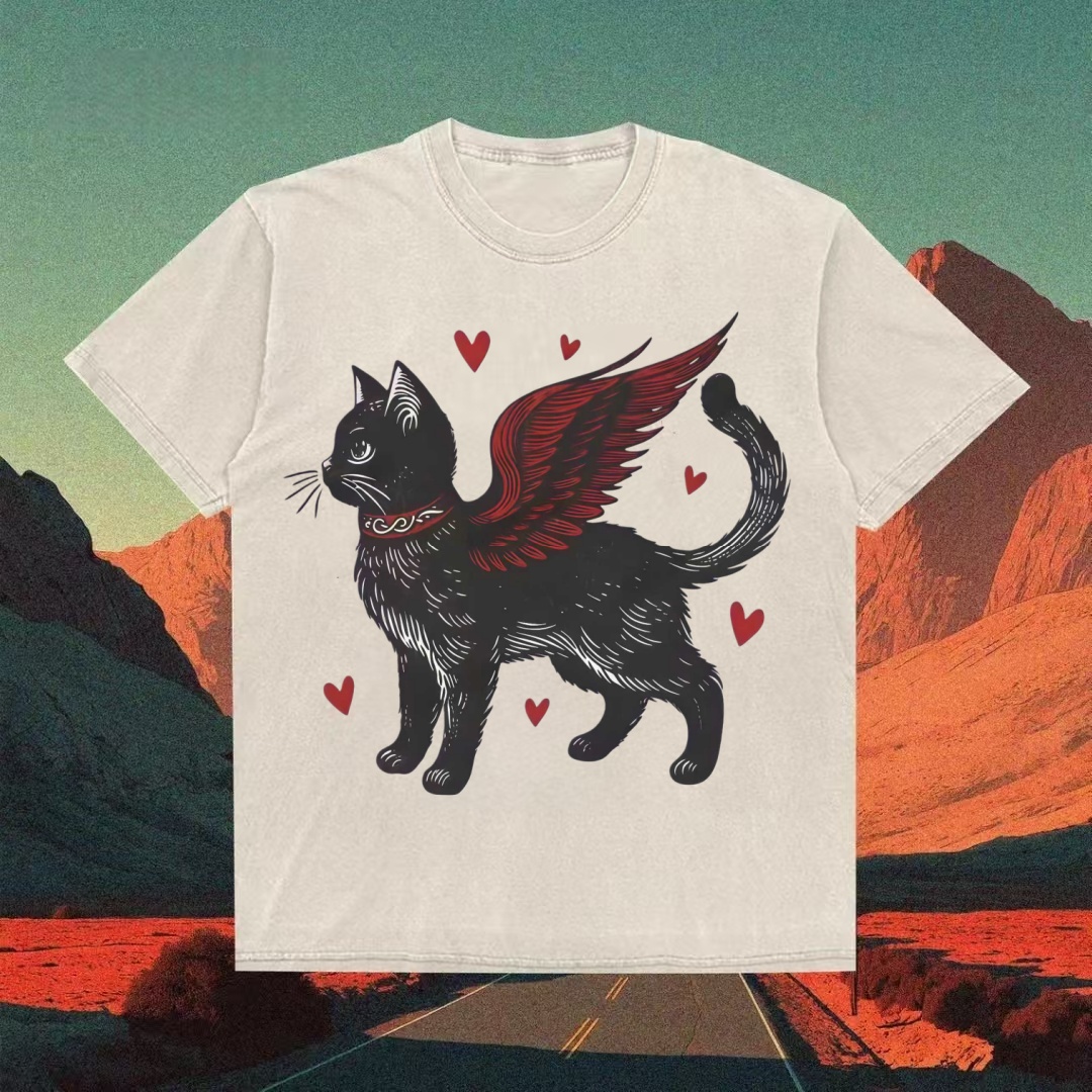 Black Cat With Angel Wings & Hearts Gothic T-shirt