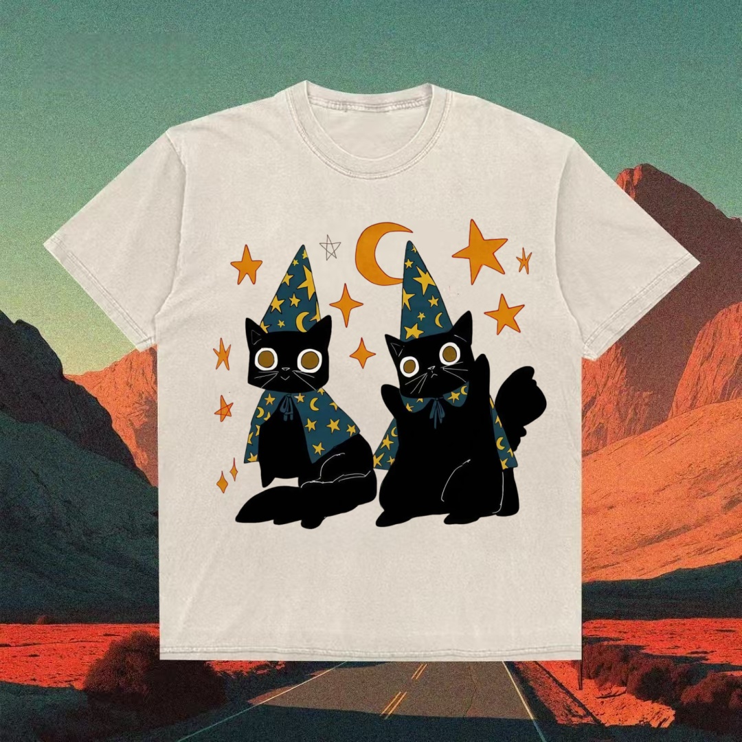 Wizard Black Cats With Stars & Moon T-shirt
