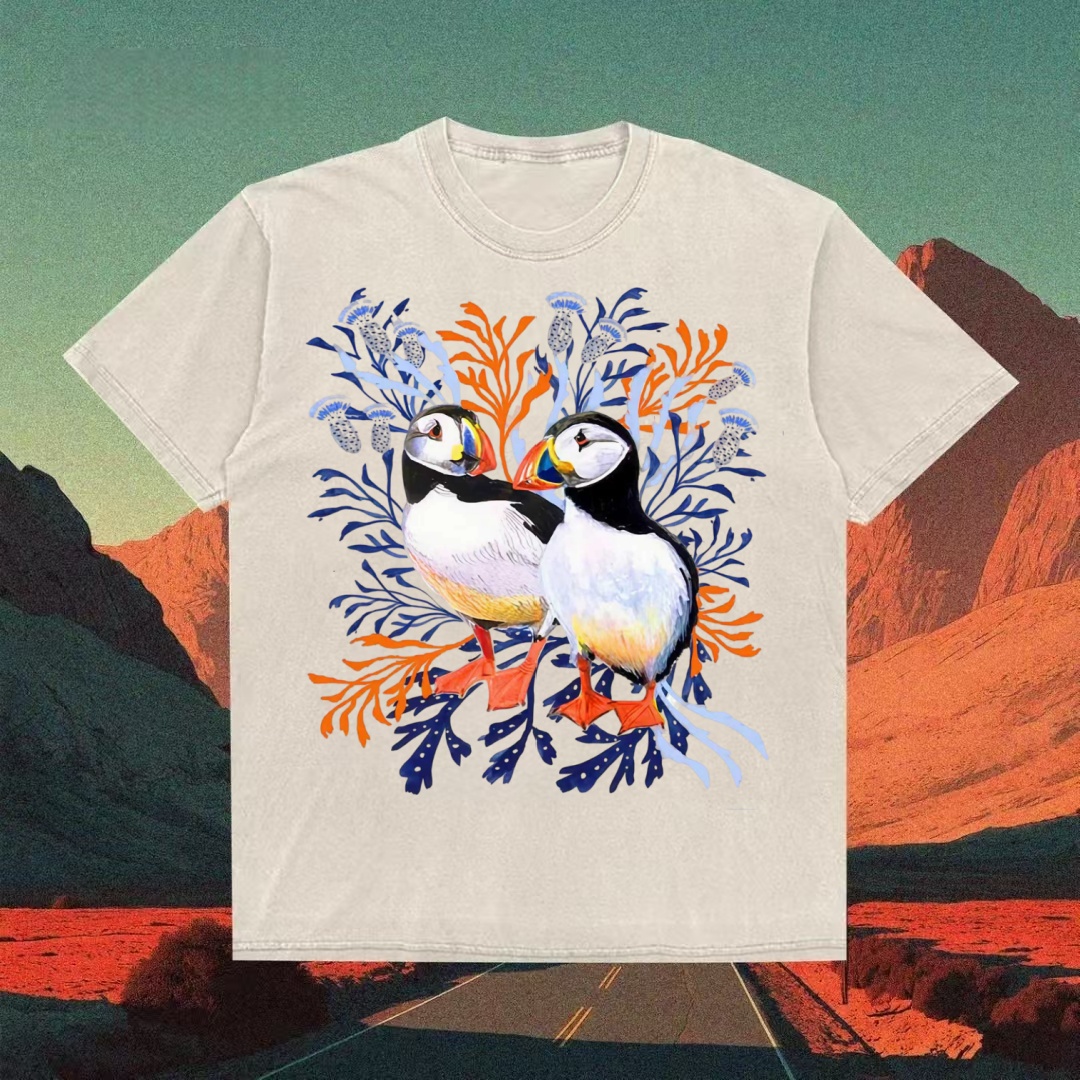 Puffin Pair With Seaweed Watercolor T-shirt