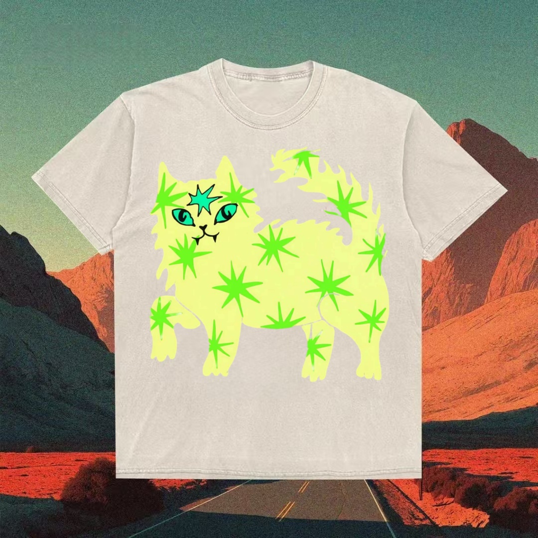 Neon Star Cat Retro Graphic T-shirt