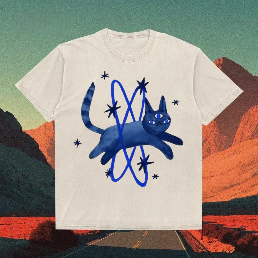 Three-Eyed Blue Cat Cosmic Art T-shirt