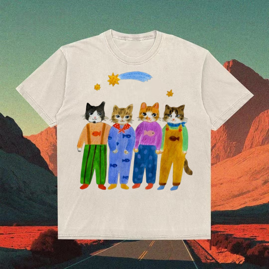 Four Cats In Overalls Whimsical Art T-shirt