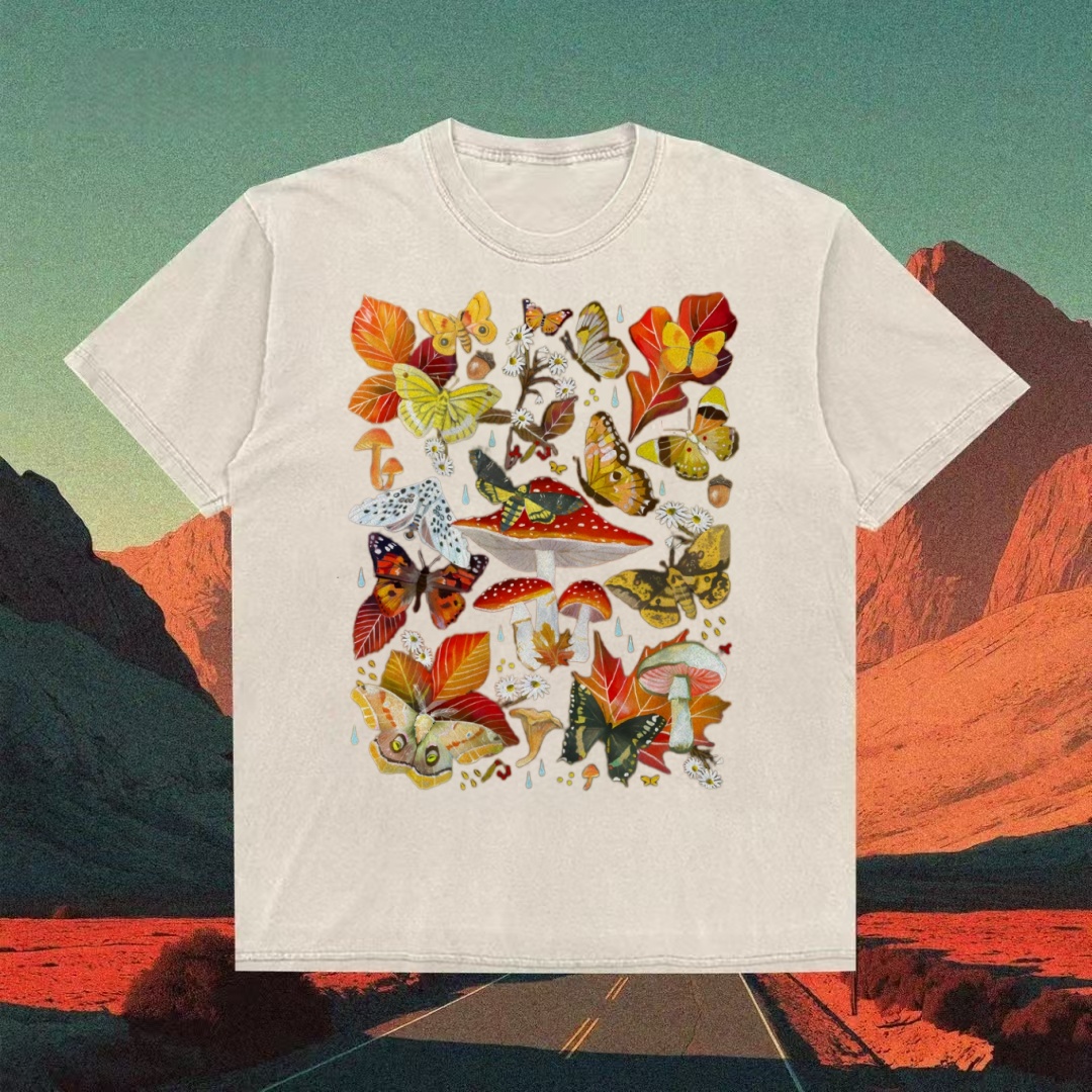 Butterflies & Mushrooms Autumn Collage T-shirt