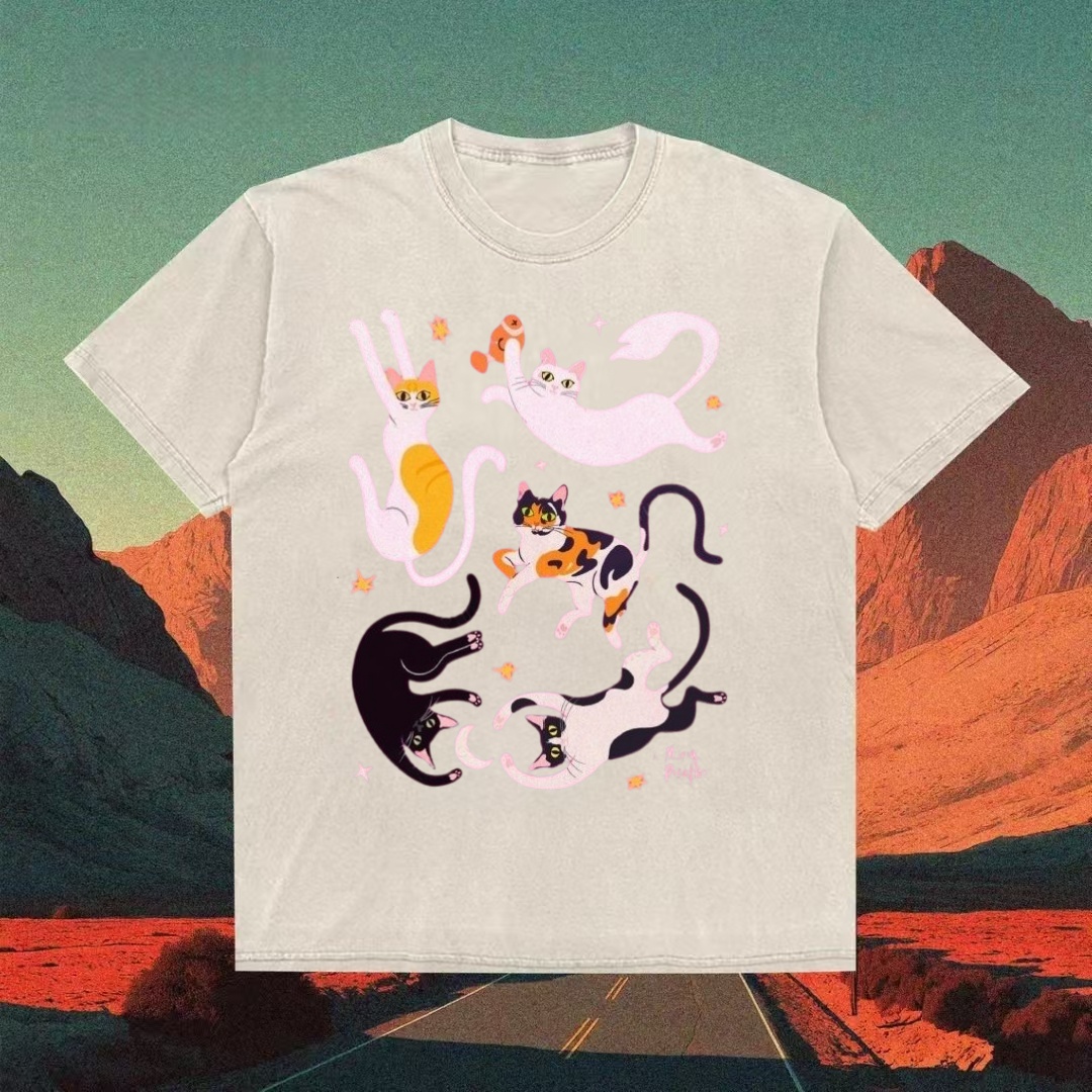 Playful Cats With Fish Cute Graphic T-shirt