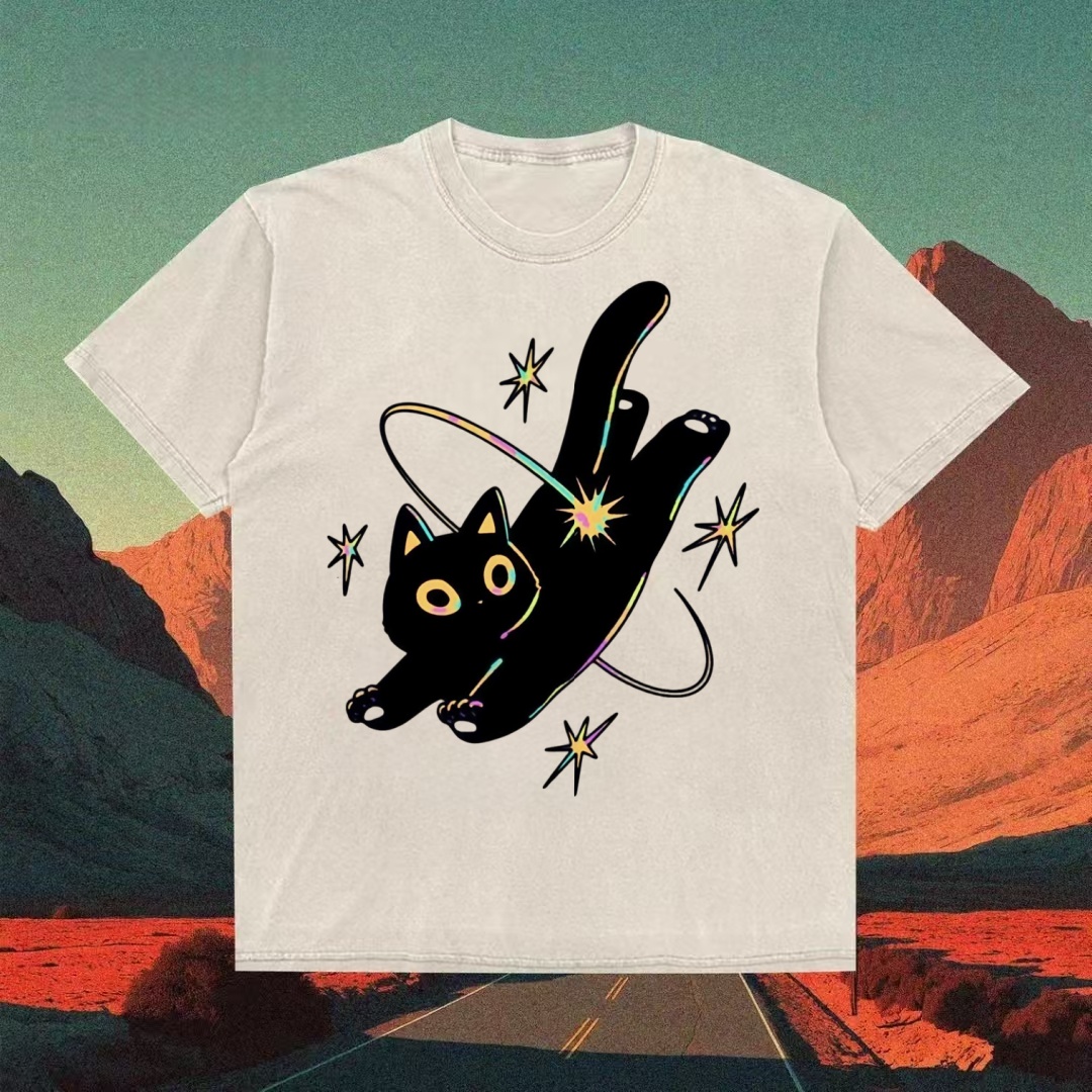 Cosmic Black Cat With Stars T-shirt