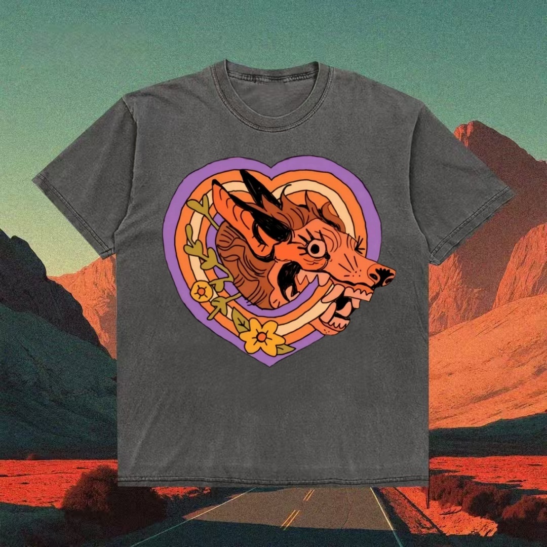 Retro Heart Wolf Folk Art T-shirt