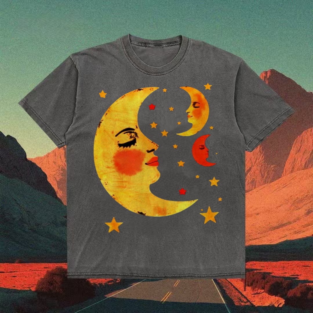Retro Moon Faces & Stars Celestial T-shirt