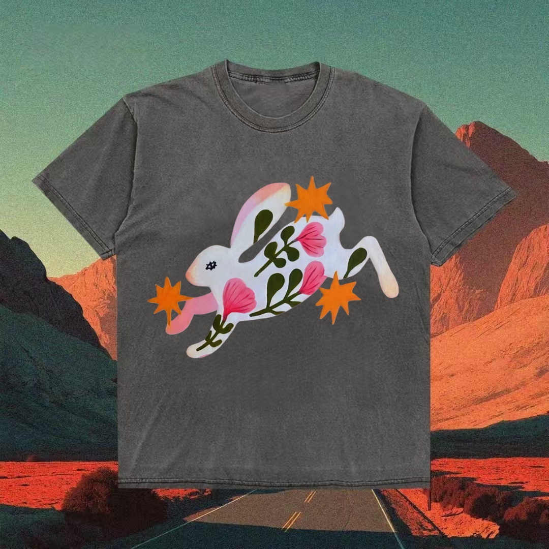 Floral Bunny Whimsical Art T-shirt