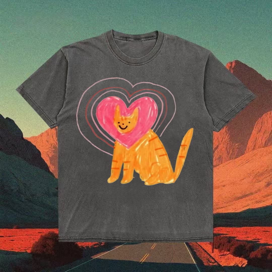 Orange Cat With Heart Doodle Cute T-shirt