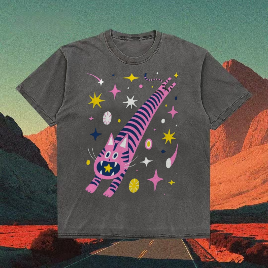 Cosmic Pink Striped Cat Retro Cartoon T-shirt