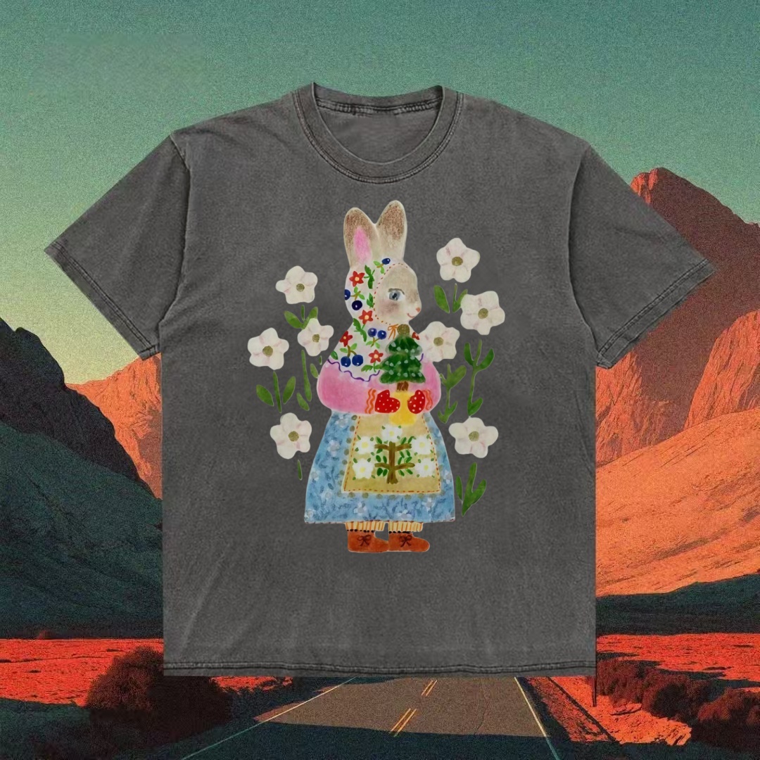 Floral Bunny Folk Art Whimsical T-shirt