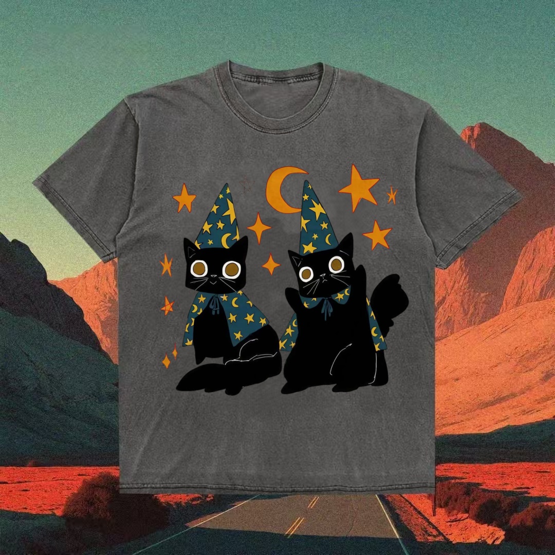 Wizard Black Cats With Stars & Moon T-shirt
