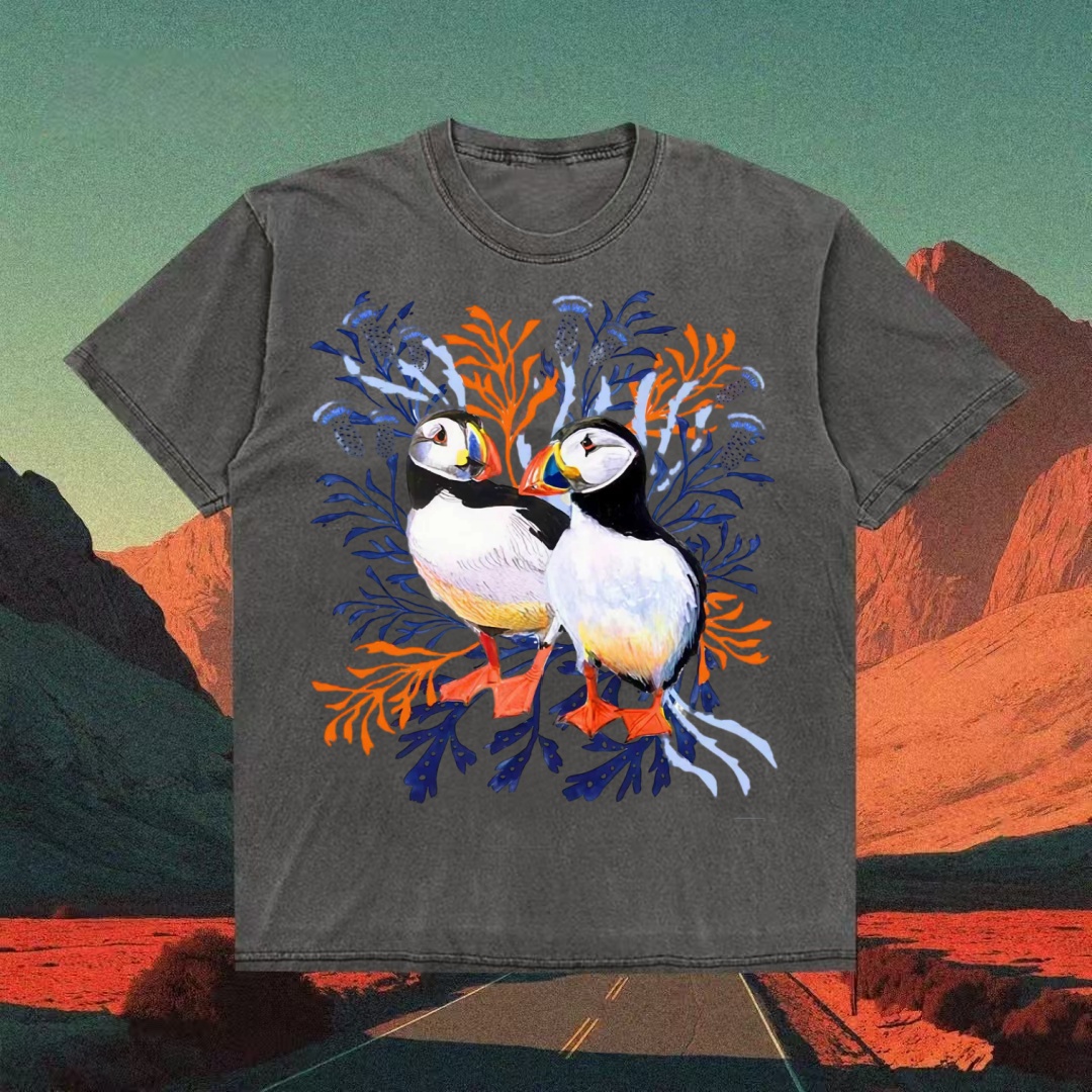 Puffin Pair With Seaweed Watercolor T-shirt