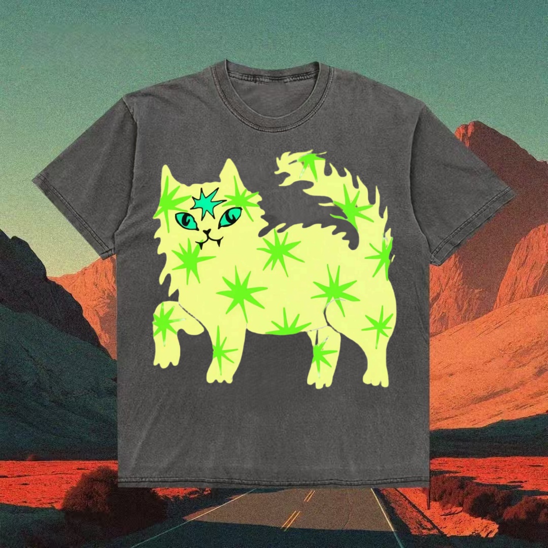 Neon Star Cat Retro Graphic T-shirt