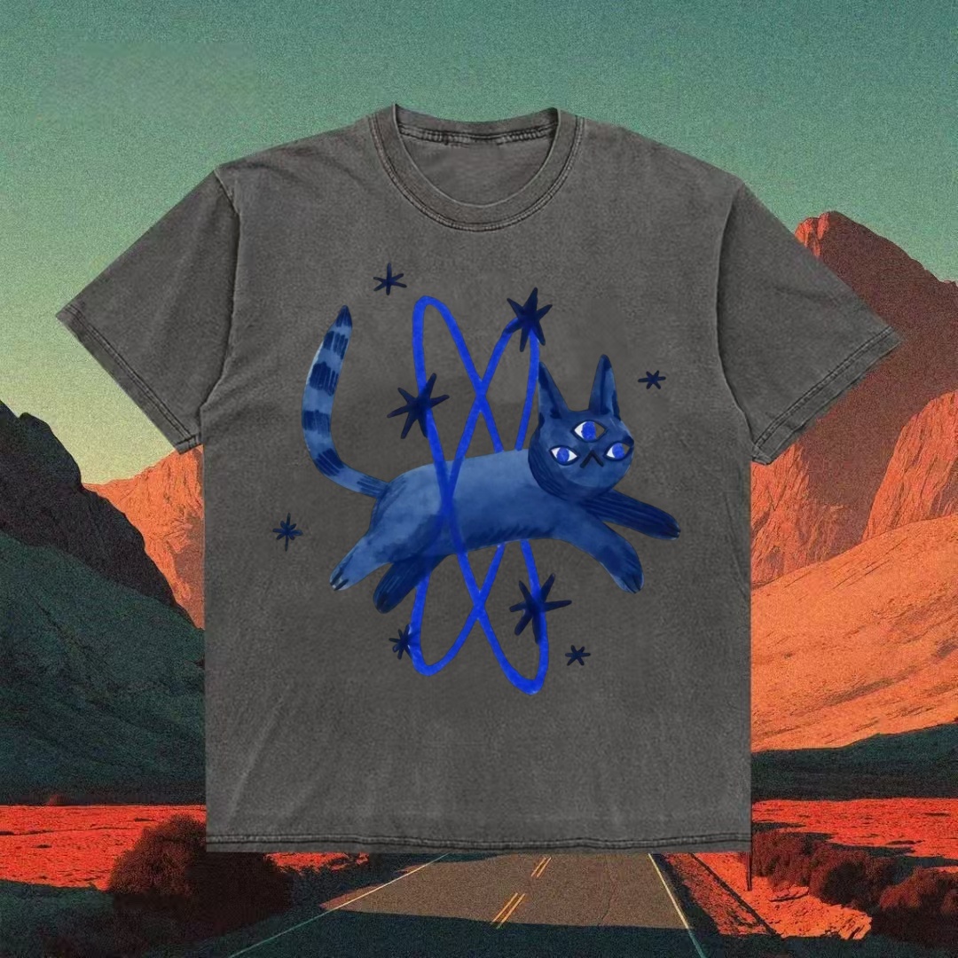 Three-Eyed Blue Cat Cosmic Art T-shirt