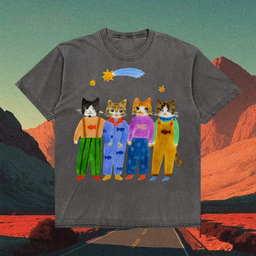 Four Cats In Overalls Whimsical Art T-shirt