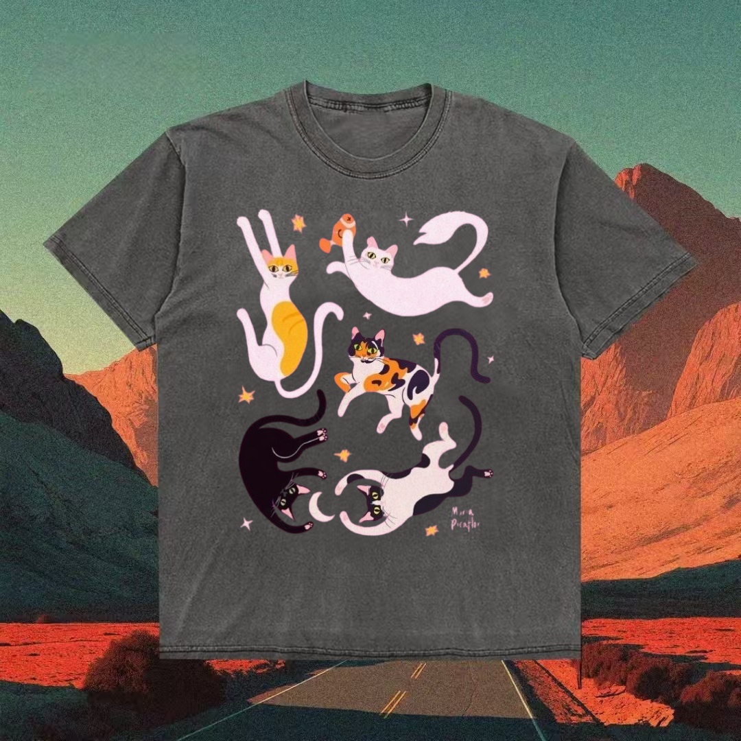 Playful Cats With Fish Cute Graphic T-shirt