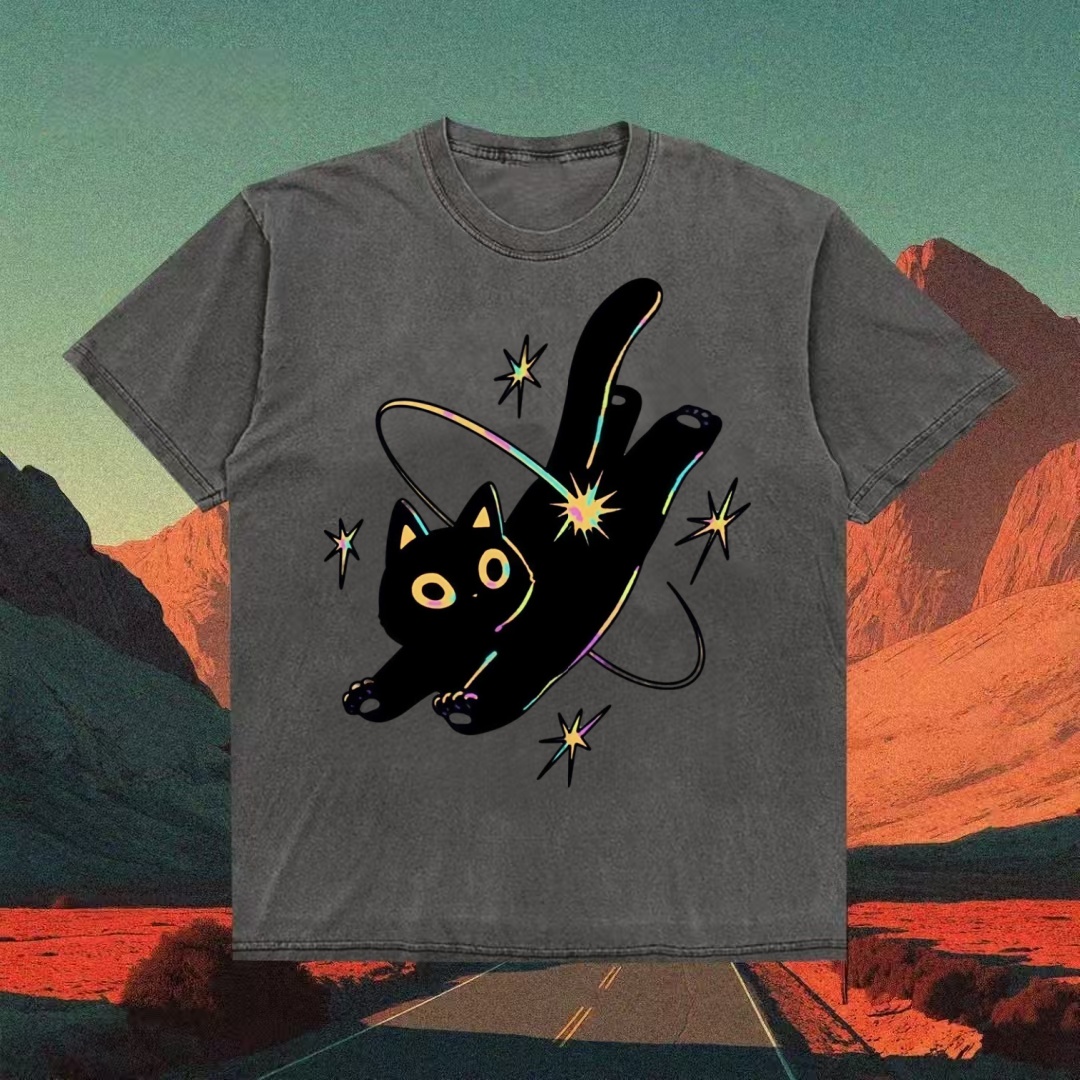 Cosmic Black Cat With Stars T-shirt
