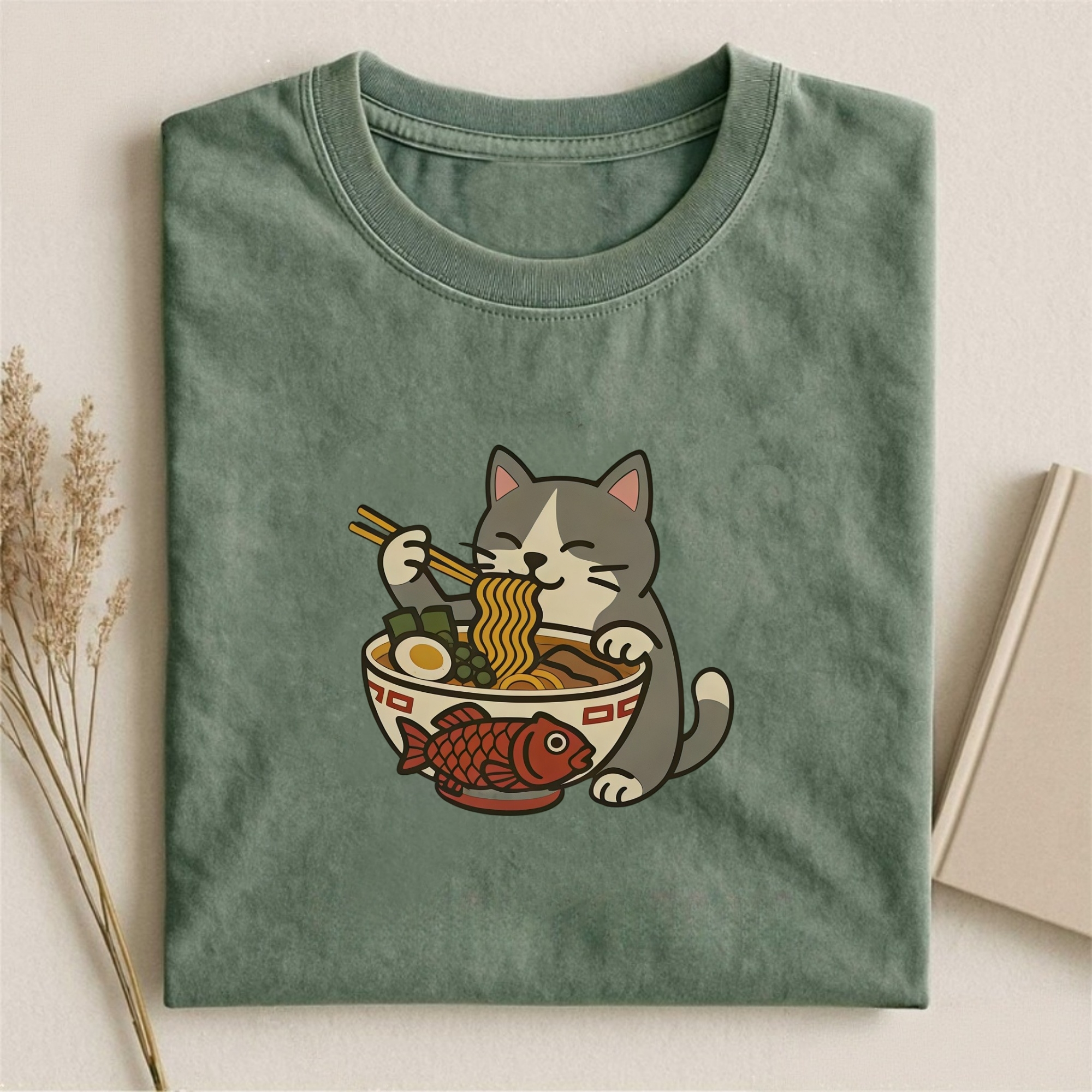 Ramen Cat Embroidery T-shirt