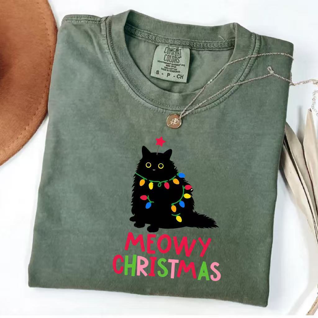 Meowy Christmas Black Cat Graphic T-Shirt