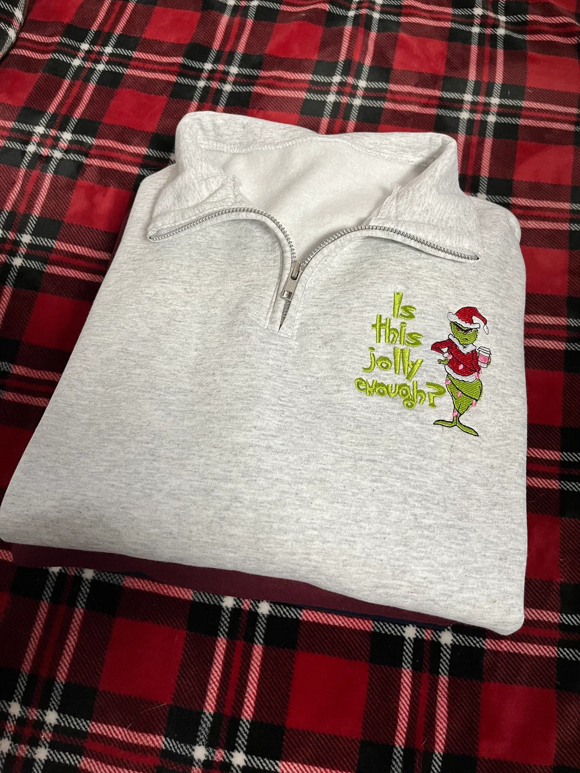 Embroidered Grinch Holiday Zip Sweatshirt