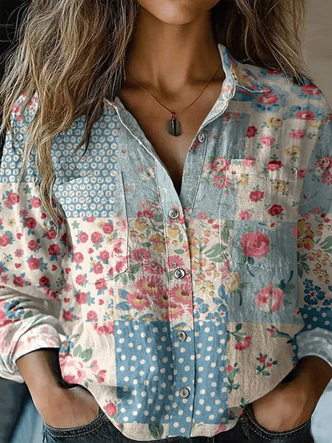 Women's Vintage Botanical Floral Art Print Lapel Shirt