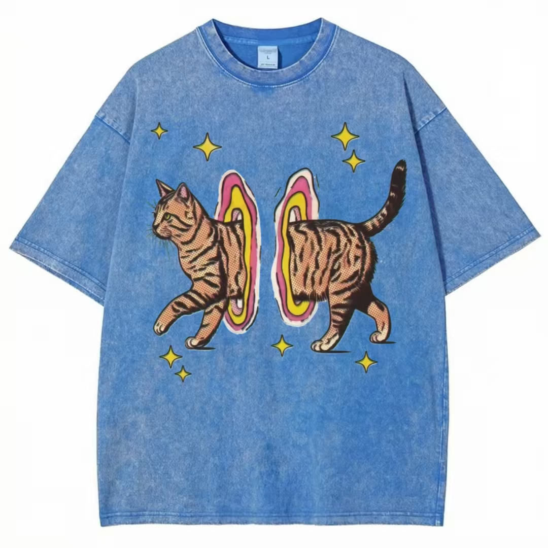 Cat Portal Retro Pop Art Washed T-Shirt