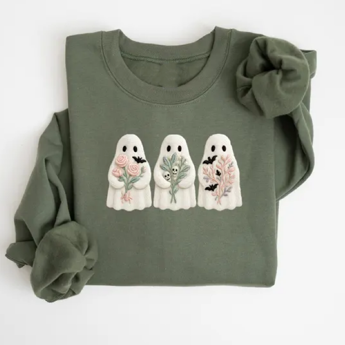 Faux Embroidery Halloween Ghost Sweatshirt