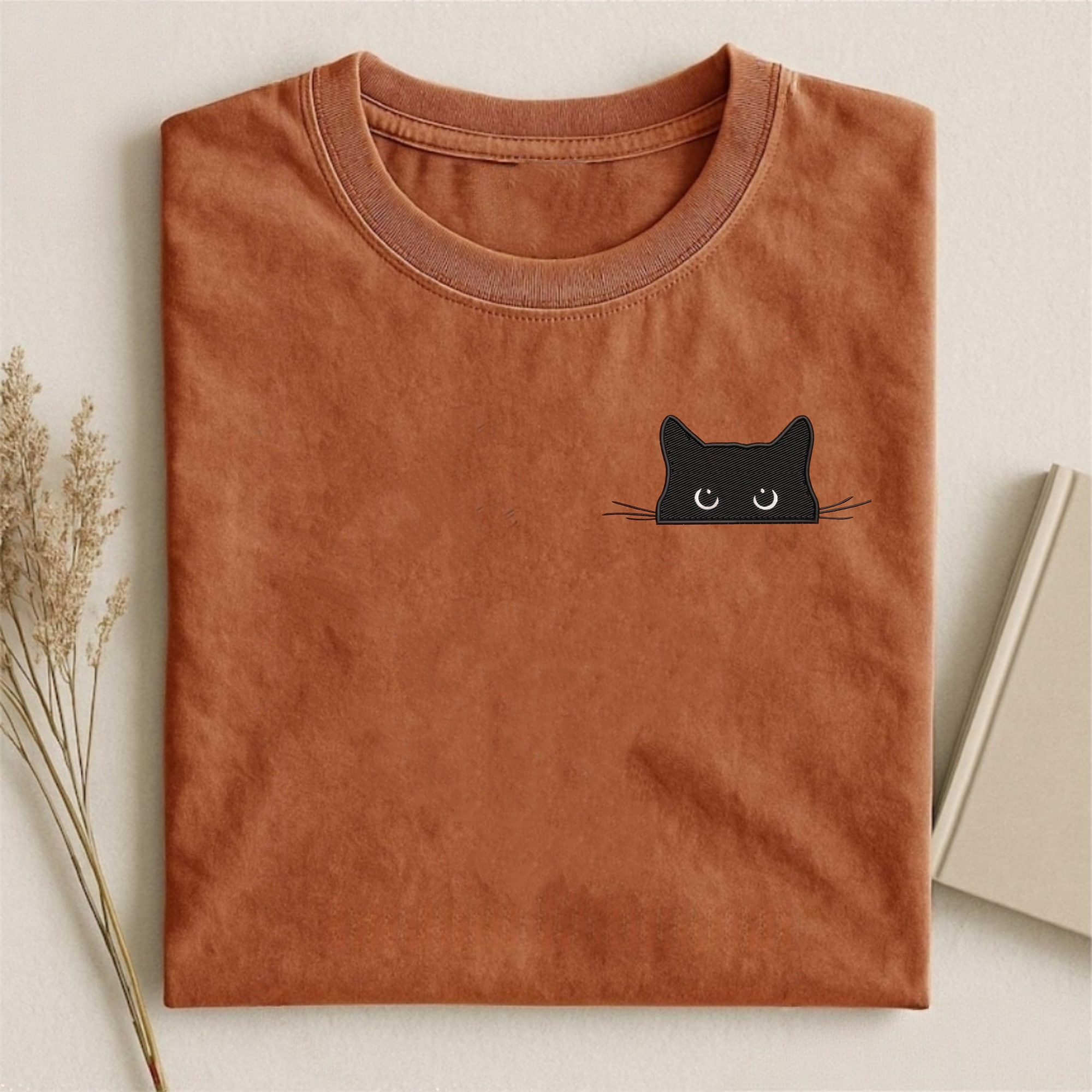 Embroidered Cat Peeking T-shirt
