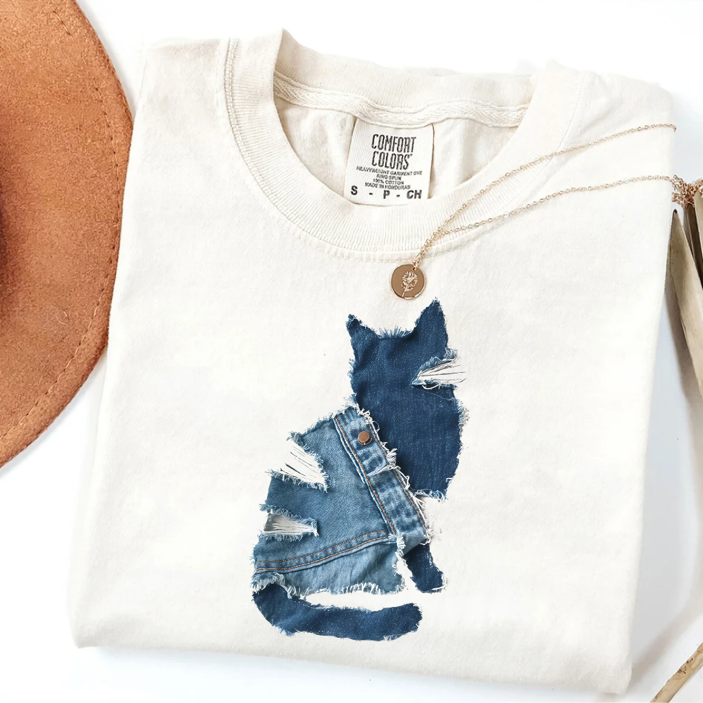 Cute cat Denim Patchwork Art Shirt