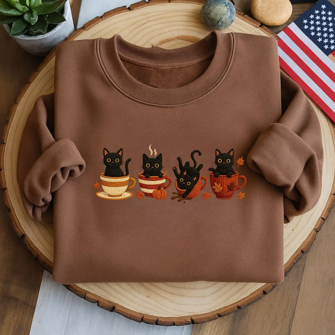Embroidered Halloween Black Cat Sweatshirt