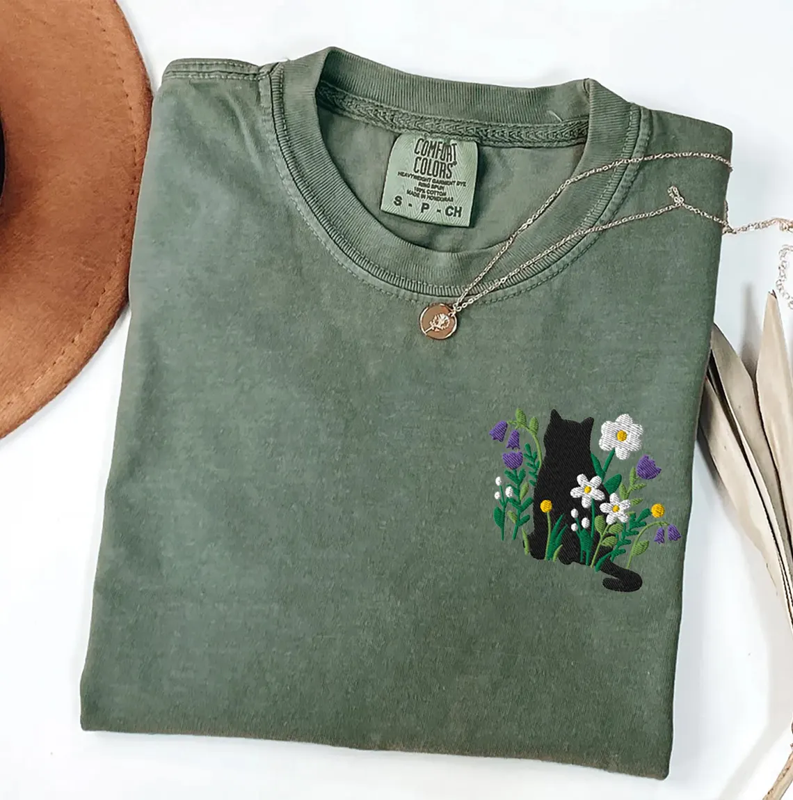 Embroidered Black Cat Cottagecore T-shirt