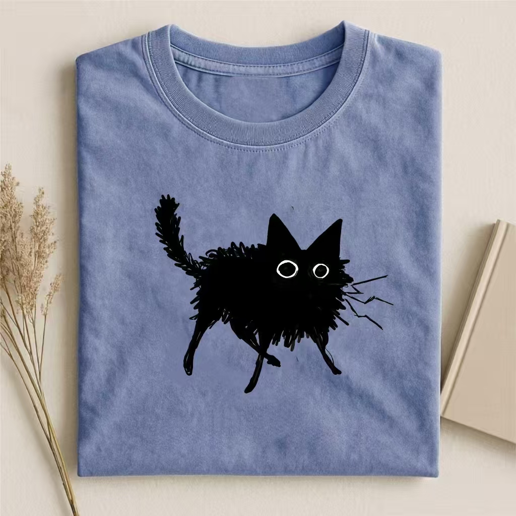 Fuzzy Black Cat Sketch T-shirt