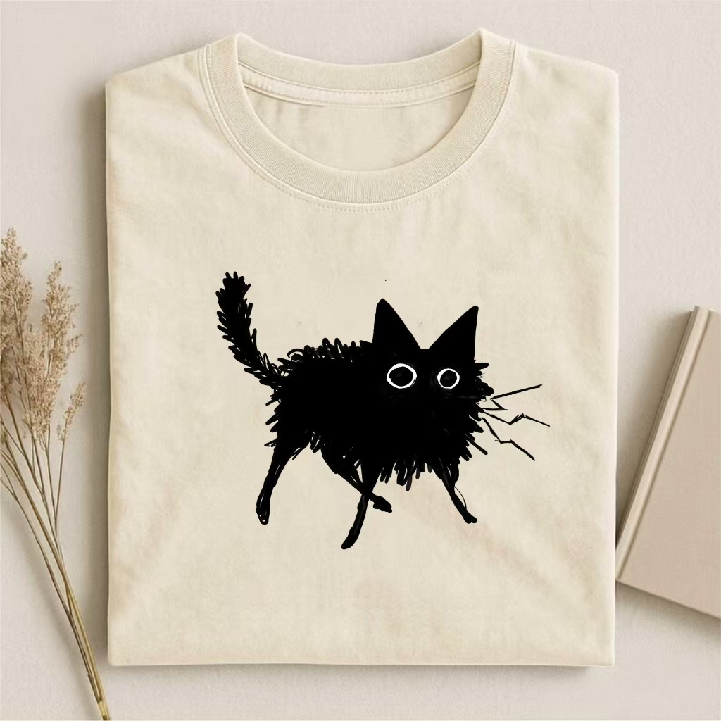 Fuzzy Black Cat Sketch T-shirt