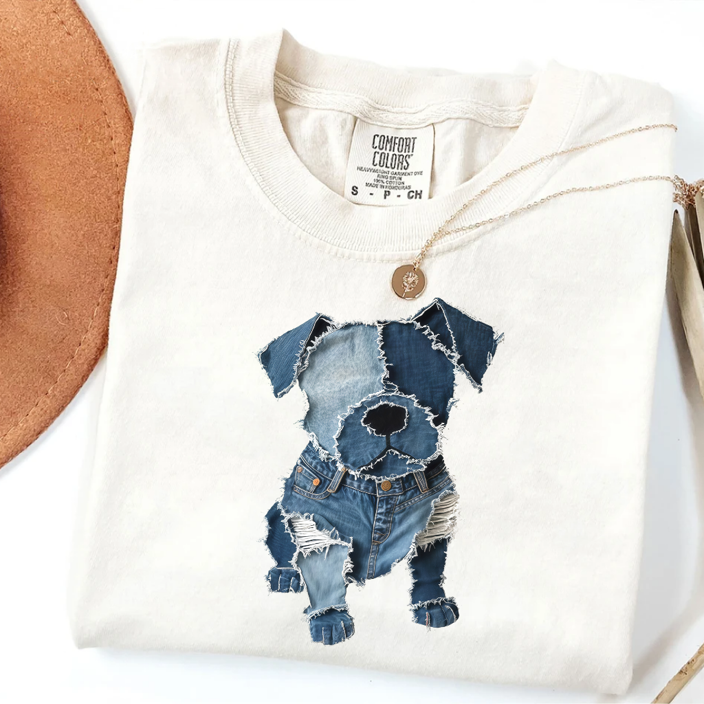 Cute Dog Denim Patchwork Art Shirt