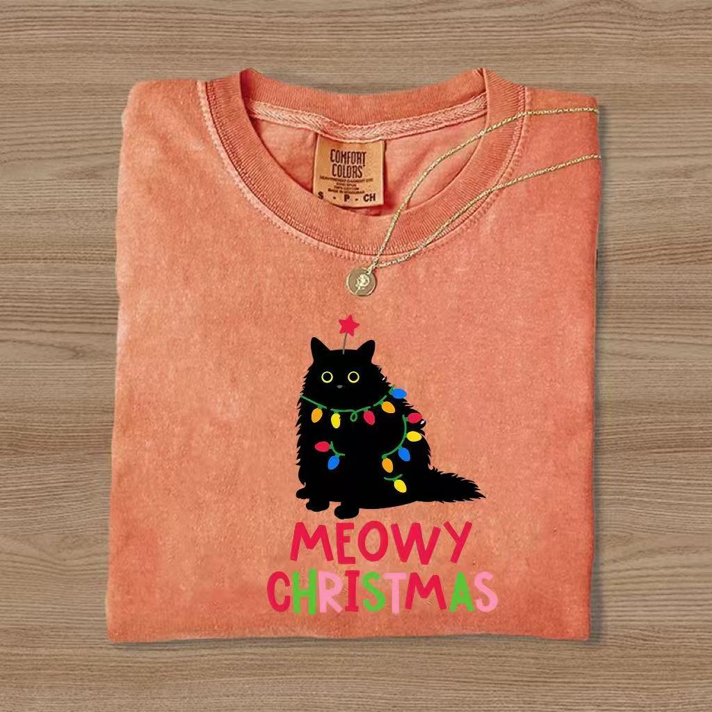 Meowy Christmas Black Cat Graphic T-Shirt