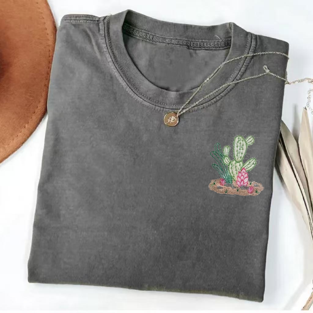 Cactus Embroidery Casual T-Shirt