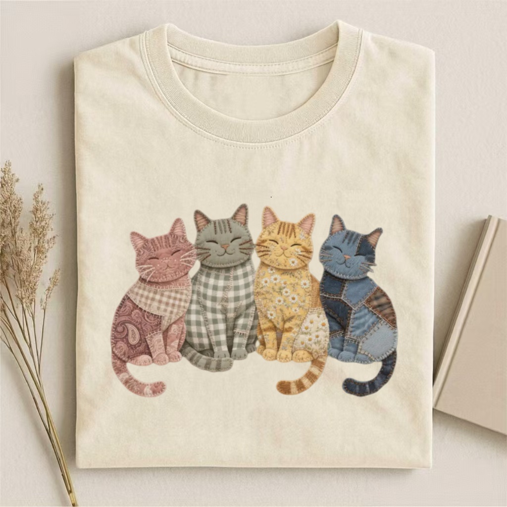 Patchwork Pattern Cats Graphic T-Shirt