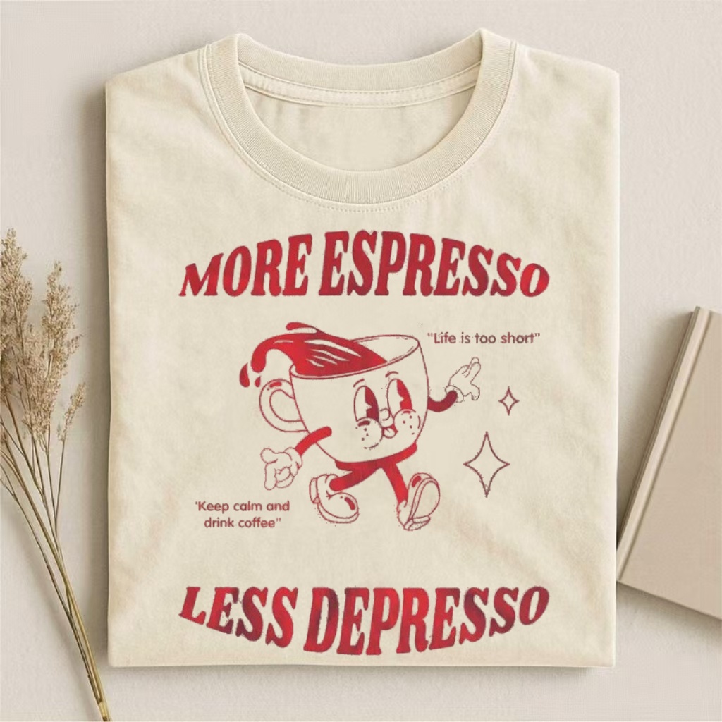 More Espresso Less Depresso" Coffee Humor Graphic T-shirt