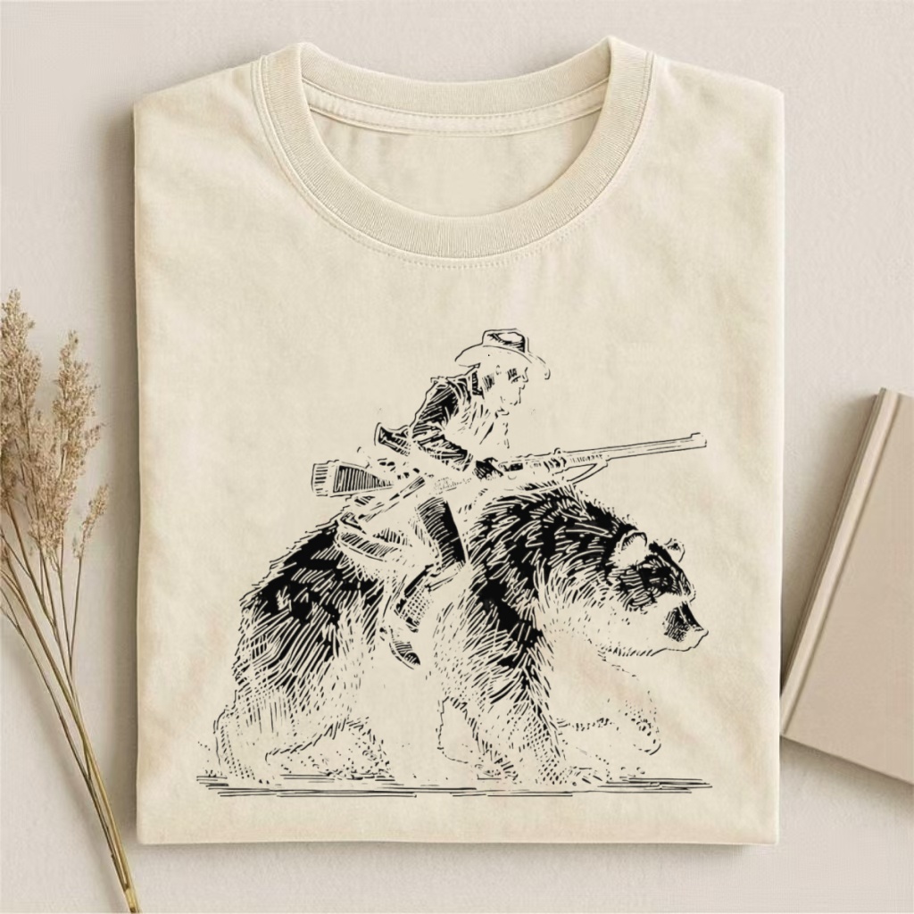 Cowboy Riding Bear Sketch Graphic T-shirt
