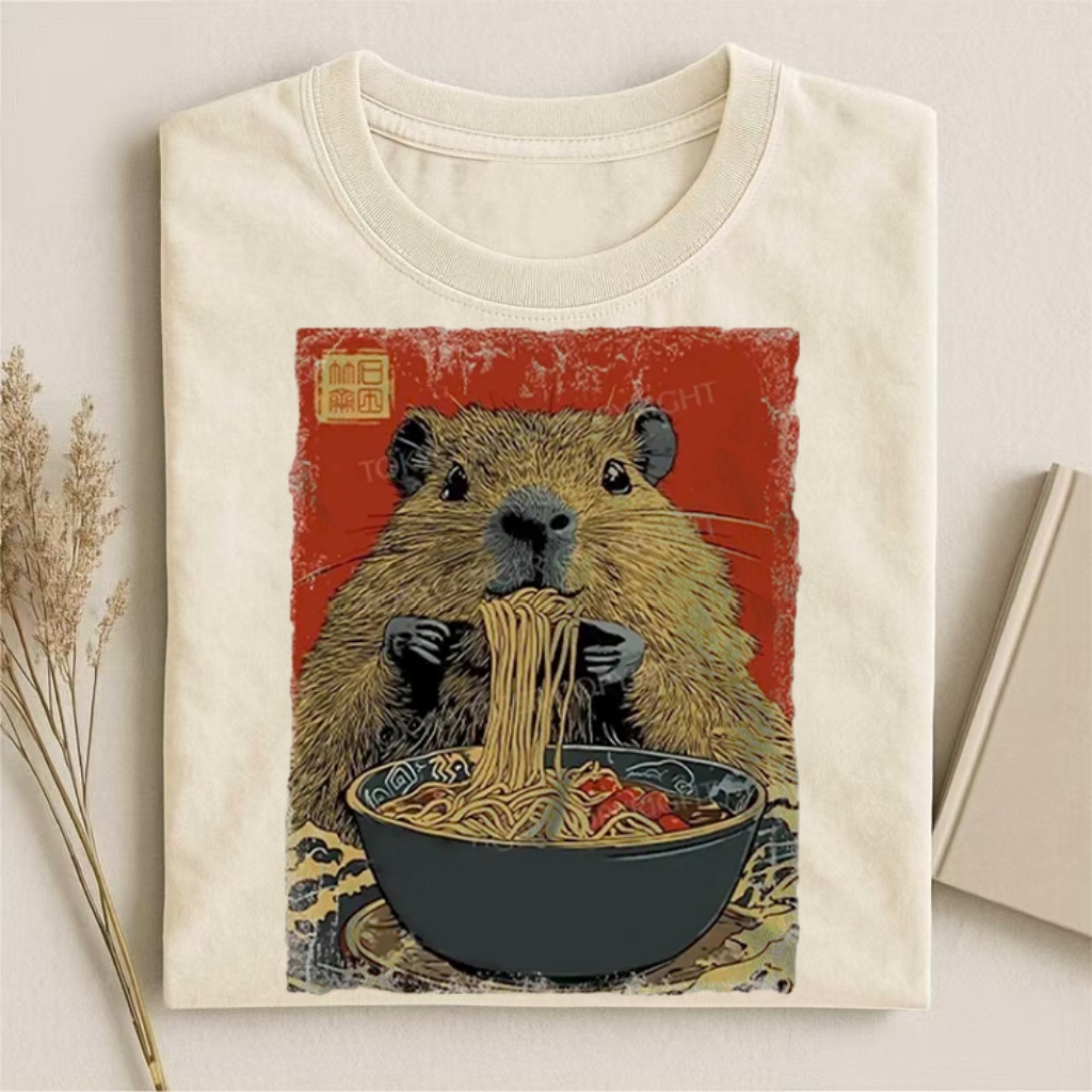 Capybara Eating Noodles Ukiyo-e Style Graphic T-shirt